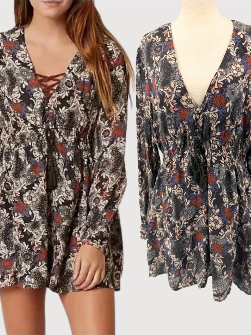 Floral Lace-Up Long Sleeve Romper - tan/ Multicolor Free People